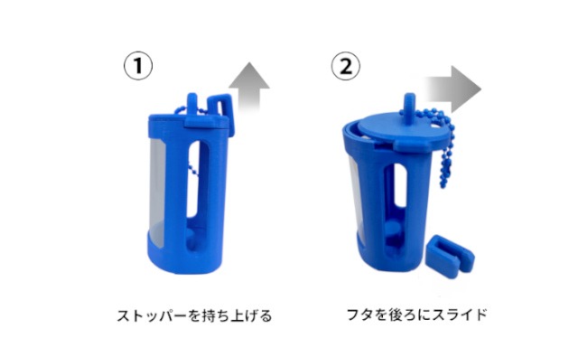 指人形ホルダーの蓋の開け方のご説明です。ケース上部後ろ側のストッパーをう上に持ち当て